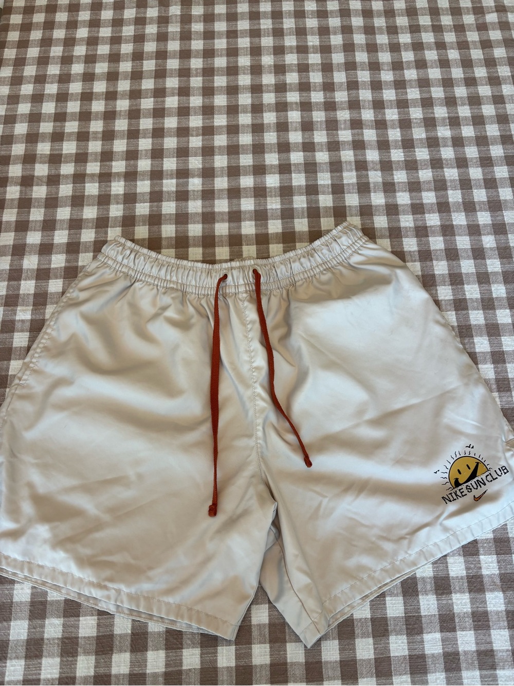 Nike Cream Swim Shorts with Orange Drawstring and Sun Club Logo